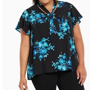 Torrid Blue Black Neck Tie Half Button Floral Top-Size 2